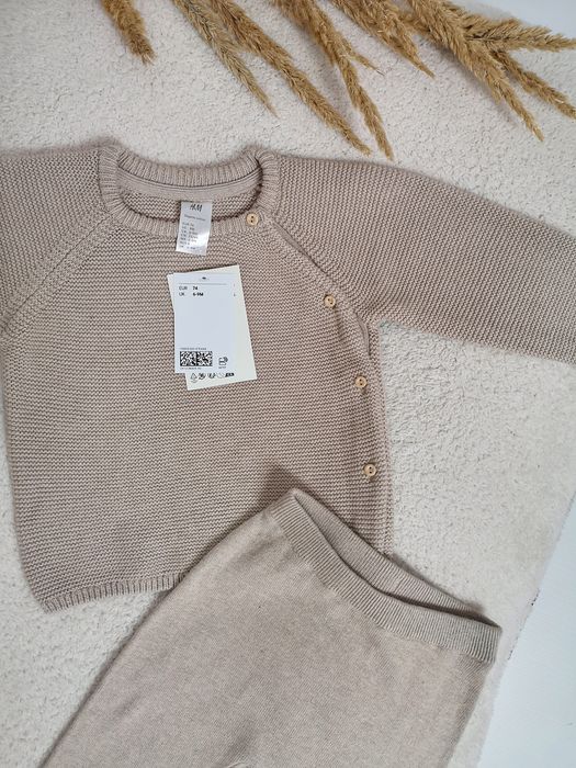 Nowy Komplet H&M roz. 74 z metką, Sweterek i spodnie, Bawełna, Beż