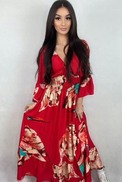 Nowa długa czerwona sukienka maxi w kwiaty amore Minouu