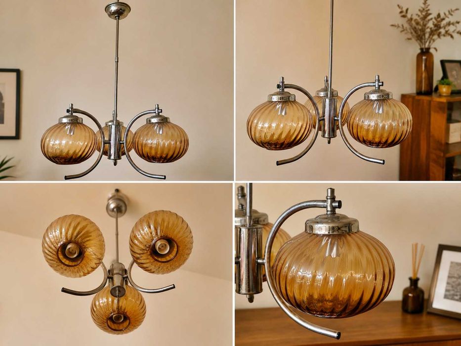 Candeeiro Suspenso Vintage de 3 Luzes em Vidro Âmbar