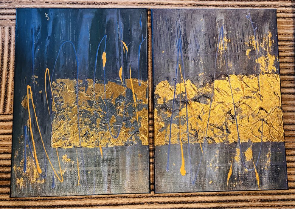 Duży dyptyk w abstrakcyjnym stylu 2X 50x70cm granatowo zielono złoty