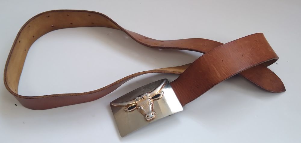 Pasek Skórzany VINTAGE z klamrą BYK (Bullhead) Retro lata 70.