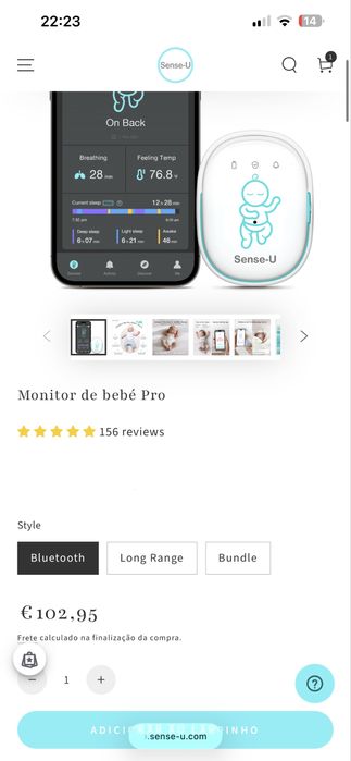 Monitor de bebé / SENSE-U / Sensor respiracao, freq card, posicao