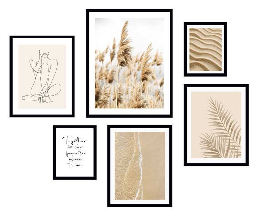6x ZESTAW OBRAZ W RAMIE PLAKATY RAMKA boho trawa pampas piasek lineart