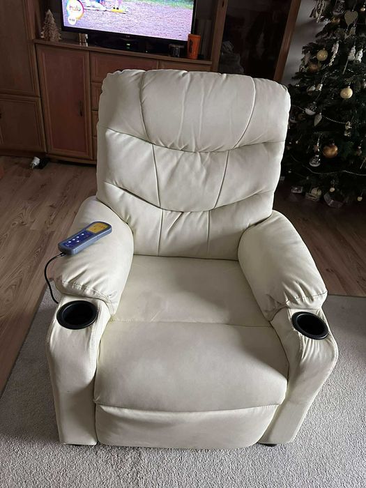 VIDAXL Fotel z masażem, elektryczny, rozkładany, kremowy