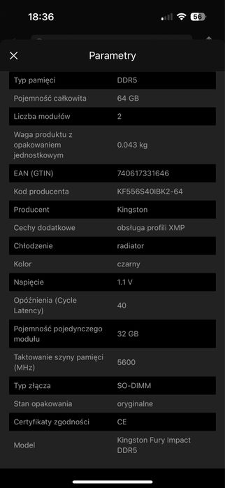 DDR5 32 GB 5600 Kingston Fury Impact SO-DIMM