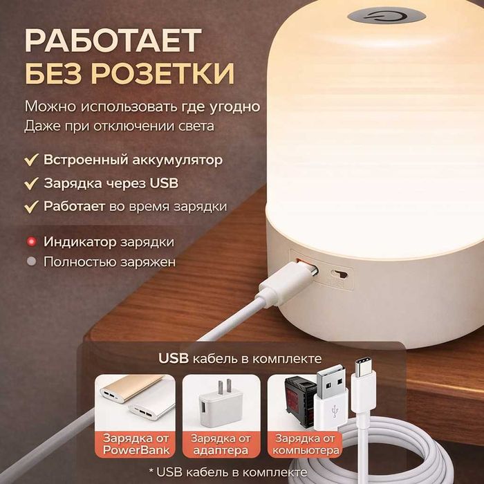 Ночник сенсорный с аккумулятором (лампа прикроватная, ночная подсветка, LED, USB, 3 режима)