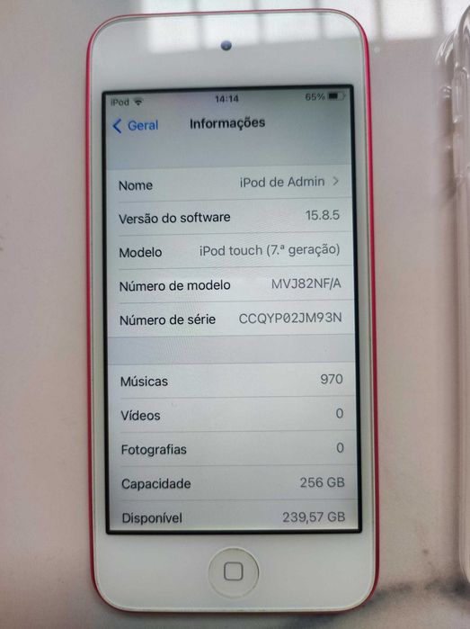 Como novo - Apple iPod Touch Rosa 7ª Geração 256 Gb com acessórios