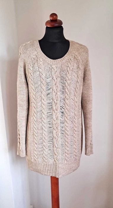 Sweter H&M z wełną M oversize beż ecru warkocze