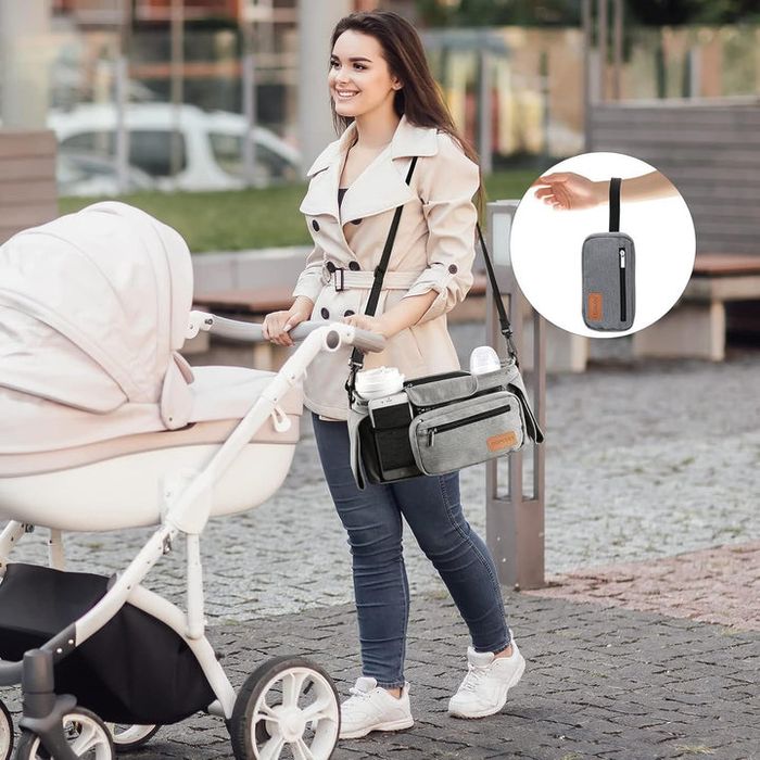 Organizer do wózka Momcozy z uchwytami na kubki – szary