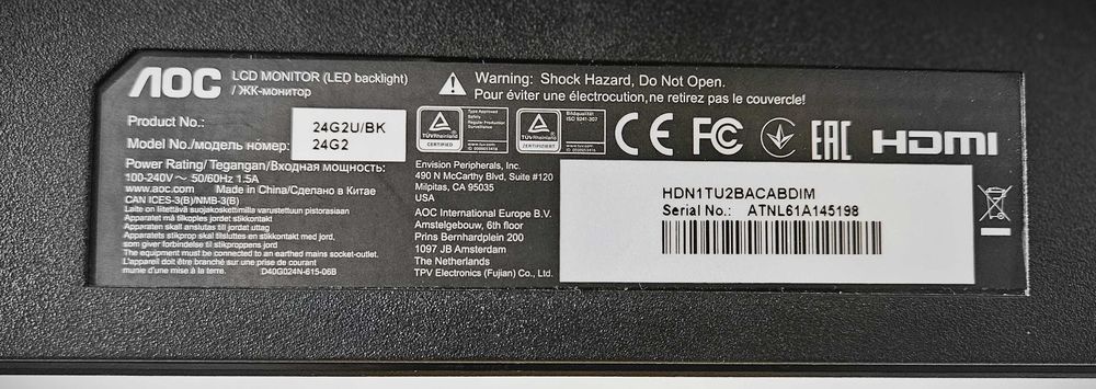 Monitor 23.8"  AOC 24G2U/BK