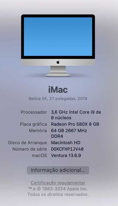 Imac 27' |  5k  |  i9 3,6ghz  |  64gb  |  1Tb SSD
