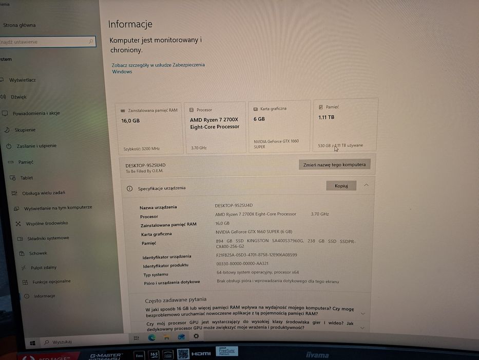 Komputer Ryzen 7 2700X/ GTX 1660 SUPER / 16 GB RAM / 2× SSD / WI-FI