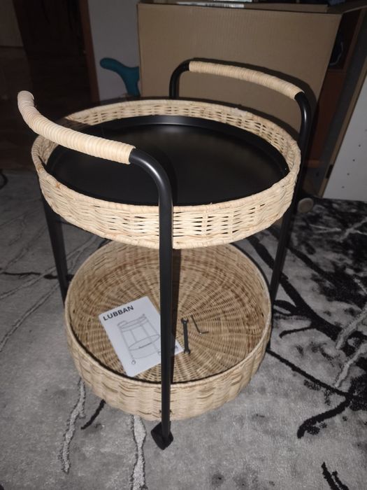 IKEA LUBBAN Stolik na kółkach rattan antracyt