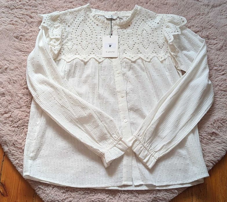 b.young nowa bluzka koszula kremowa offwhite koronka bawełna vintage