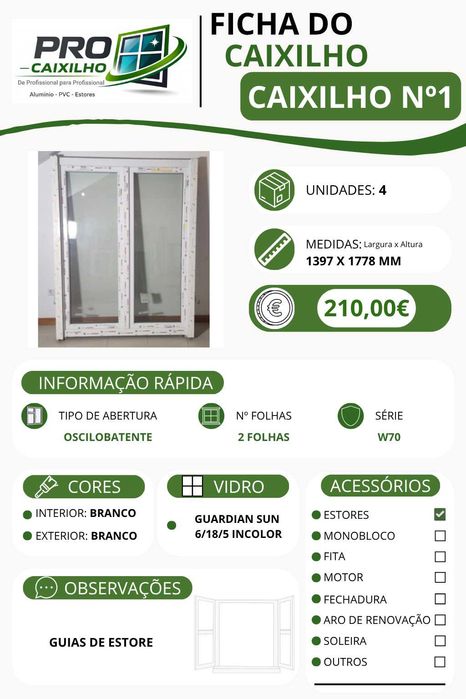 Janelas prontas a levantar | PVC | Várias medidas | Várias cores