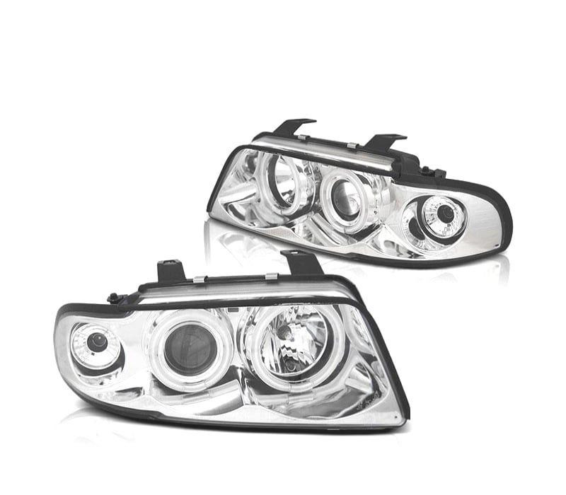 FARÓIS ANGEL EYES CCFL AUDI A4 B5 95-98 FUNDO CROMADO