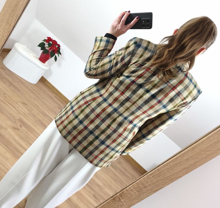 Jedwabna marynarka vintage marki Daks w kratę perełka vintage rozmiar