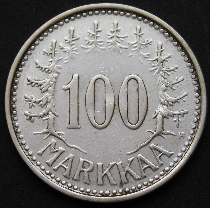 Finlandia 100 marek markkaa 1957 - DRZEWA , LAS - srebro