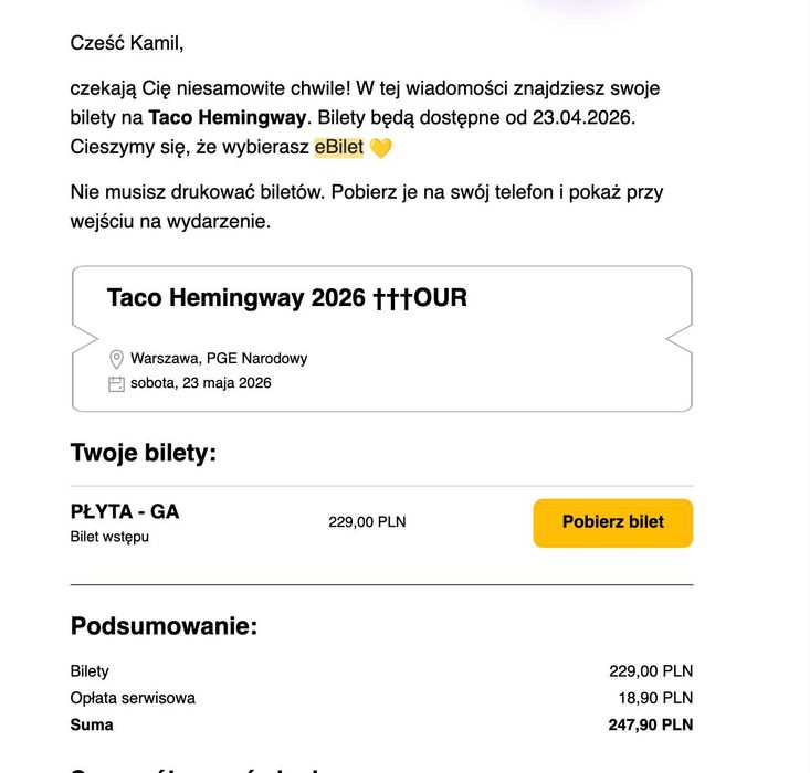 Bilet na koncert Taco Hemingway sobota, 23 maja 2026 Warszawa płyta