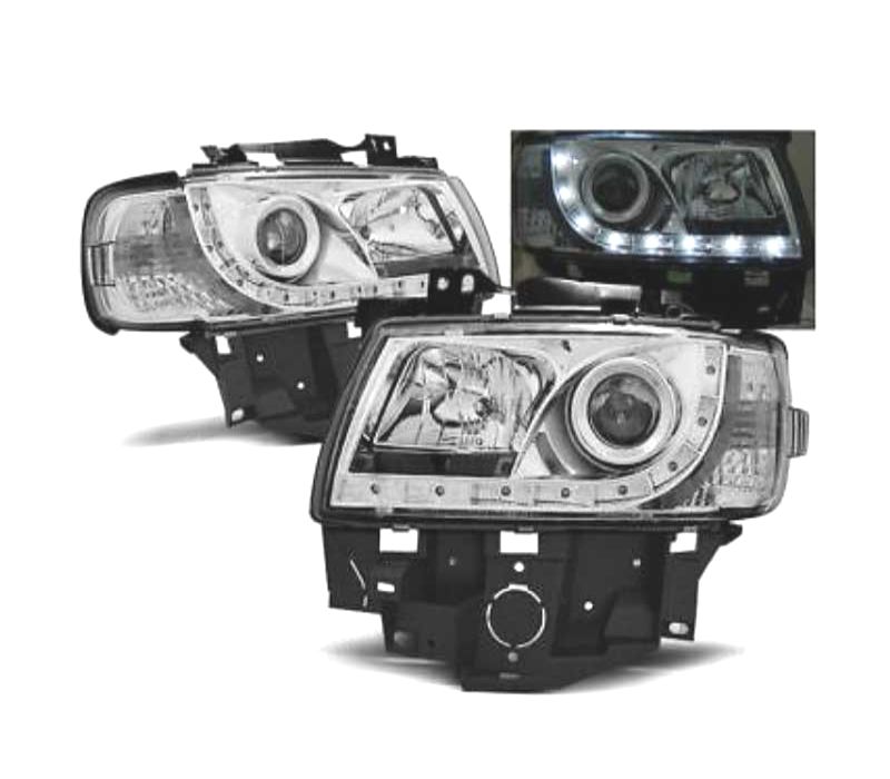 FARÓIS VOLKSWAGEN VW T4 CARAVELLE MULTIVAN 97-03 LUZ DIURNA FUNDO CROMADO