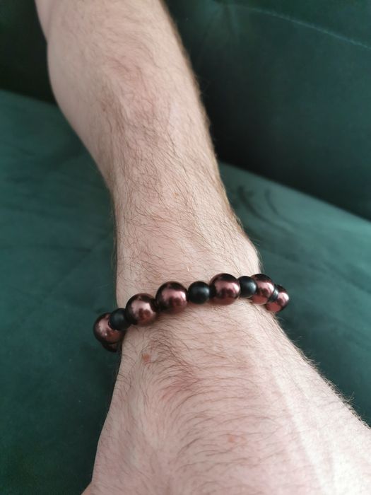 Handmade Męska Bransoletka Onyks Matowy Koraliki Brązowa Czarna