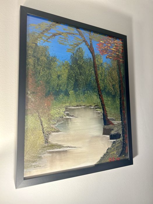 Oryginalny Obraz Olejny Jesienny Pejzaż z Rzeką 40x50 cm | z Drewnianą Ramką