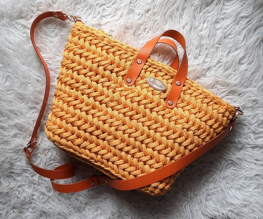 Torebka koszyk handmade melon pomarańczowa skóra pasek kłos