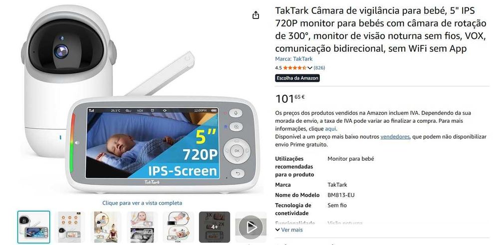 Monitor de Bebé TakTark 5" 720P IPS (Rotação 300°) – Como Novo