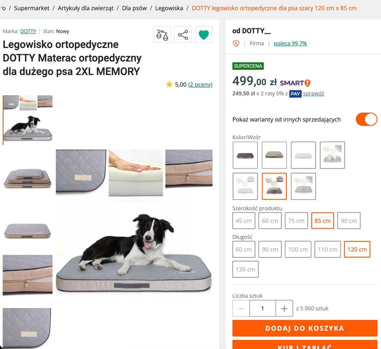 Legowisko dla psa ortopedyczne materac DOTTY 120x85 cm – jak nowe / duży pies
