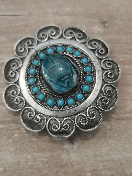 Stara srebrna broszka Meksyk Scarab skarabeusz broszka i wisiorek