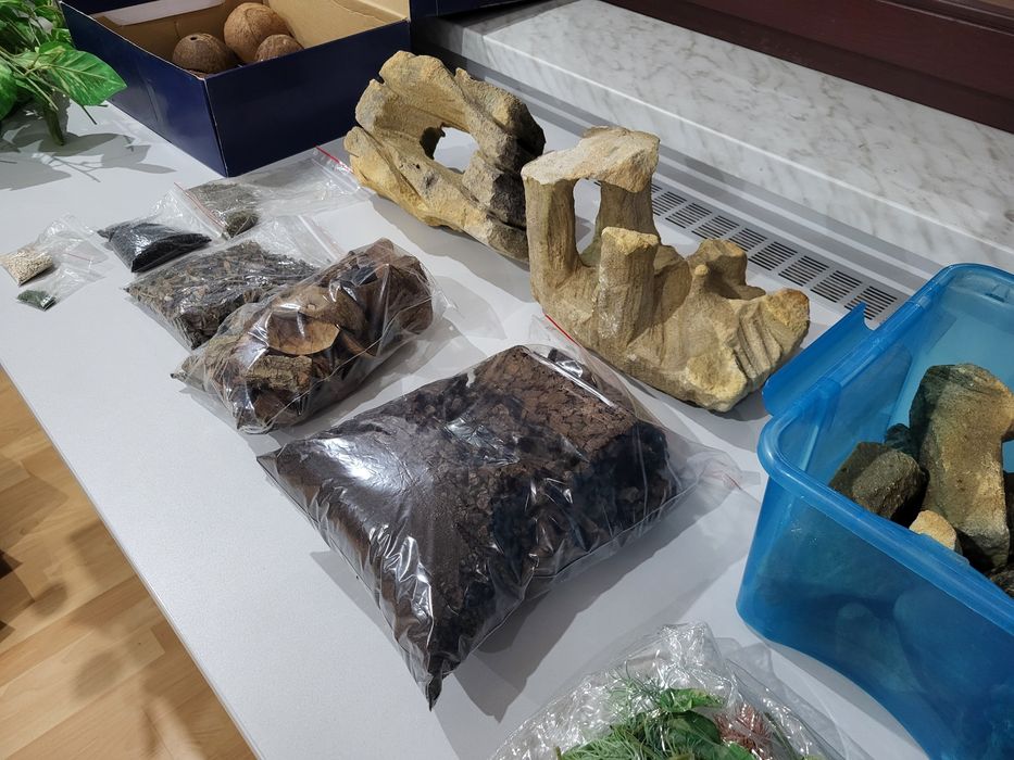 Kamienie piaskowiec liście kora kokosy skrytka ozdoby do terrarium