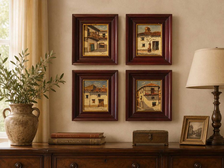 Conjunto de 4 quadros decorativos com pinturas de casario tradicional