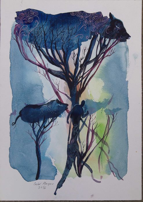 Aguarela original de Carlos Marques. Sombras no Bosque. Fantasia,