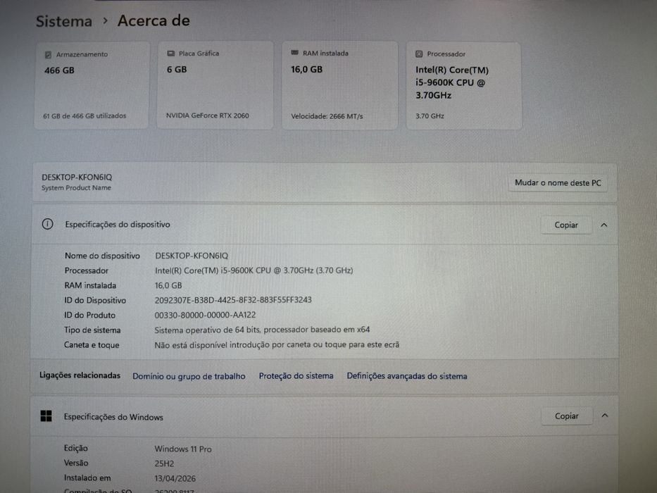 Computador i5-9600K, 16GB, 500GB NVMe, RTX2060
