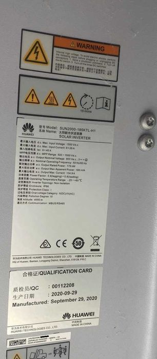 Inversores Huawei 185KTL-H1 usados em excelente estado 185KW