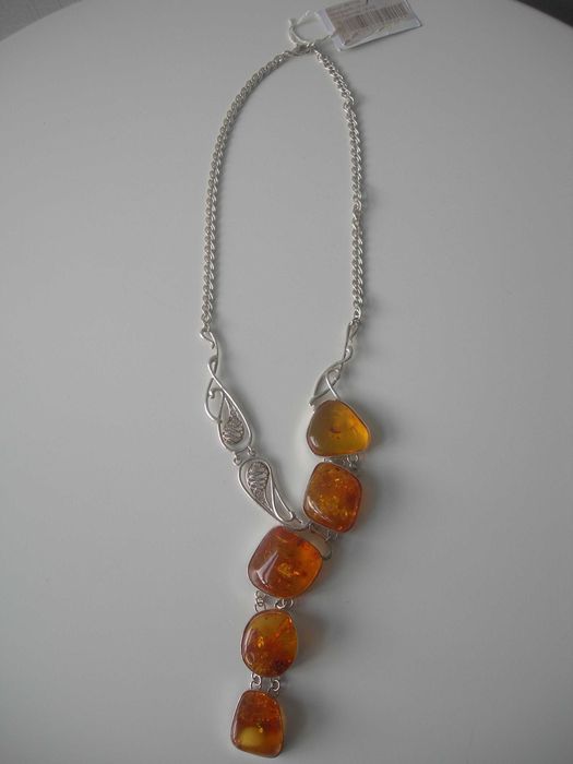 Серебряное колье, янтарь, серебро 925, 58 грамм