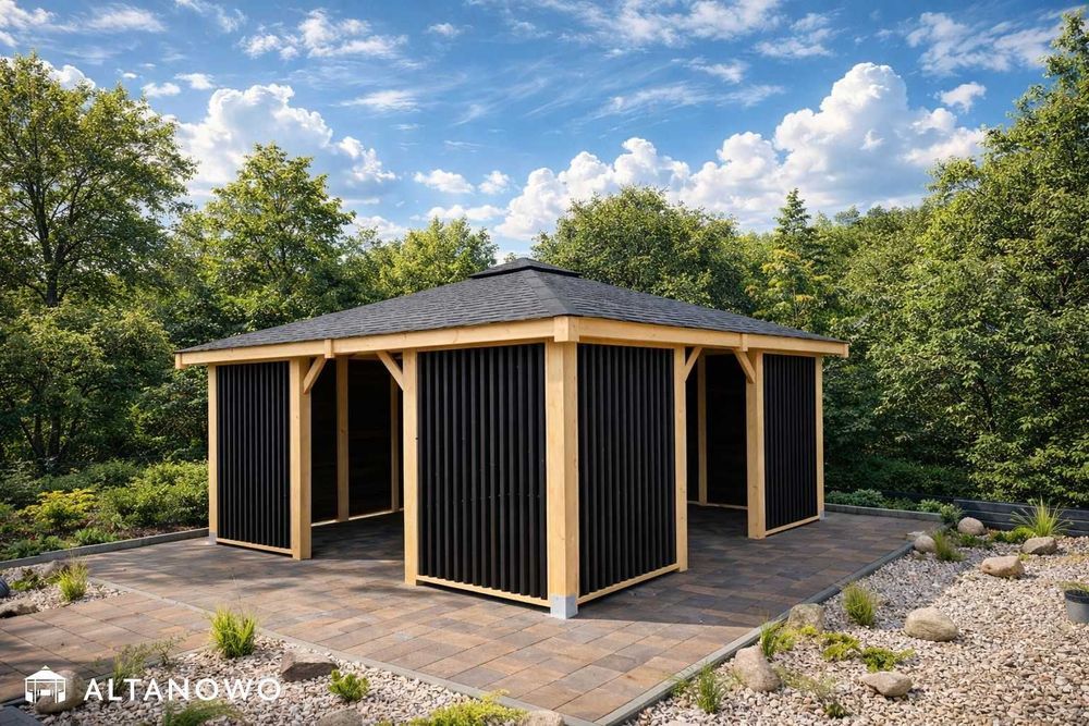 drewniana altana ogrodowa nowoczesna 4x4 do ogrodu na działkę montaż