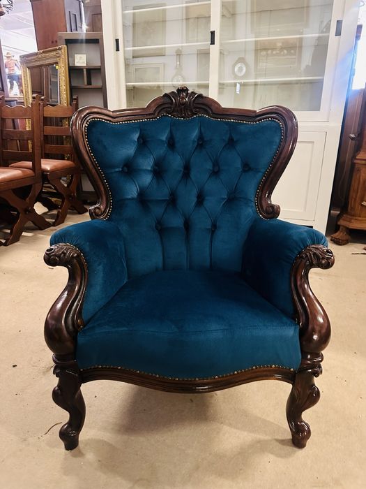 Piekny fotel ludwikowski z NOWĄ TKANINĄ TURKUSOWĄ :)