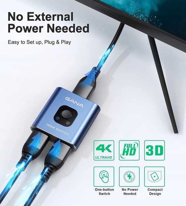 Przełącznik HDMI GANA 4K 60Hz 2w1 do PS5 Xbox TV niebieski