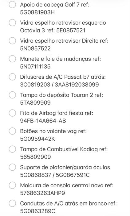 Peças e acessorios VAG