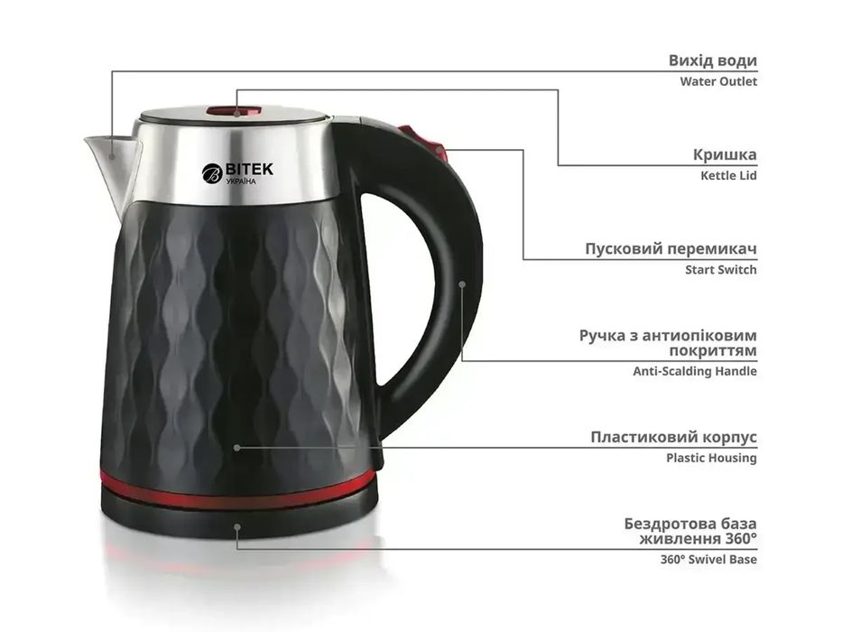 Чайник електричний 2.0 л 2000 Вт BITEK BT-7931 электрочайник