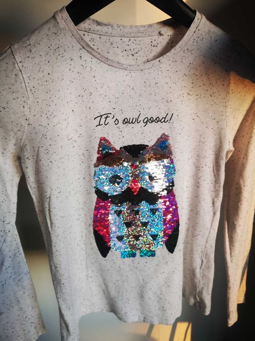 C&A szara bluzka z długim rękawem cekiny sowa r.158/164 cm 13-14 lat