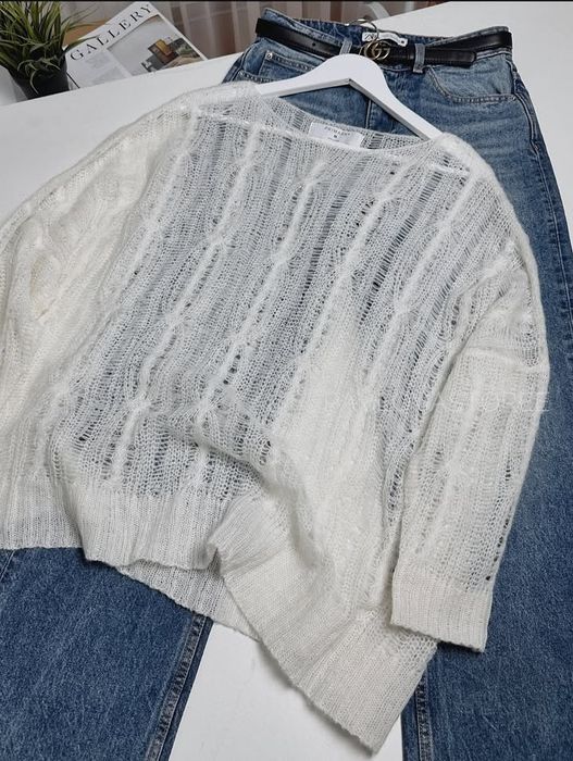 PRIMARK Premium M-XL ażurowy sweter z wełną i alpaką oversize ecru