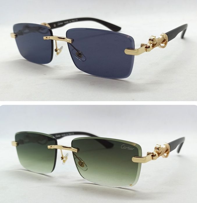Cartier очки унисекс солнцезащитые брендовые безоправные черные и зелёные с золотым ягуаром на дужках