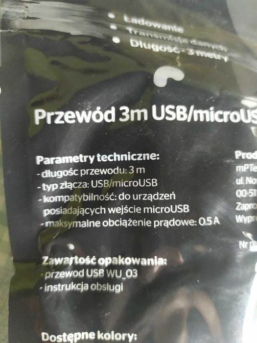 Kabel Micro USB Długi 3m Czarny