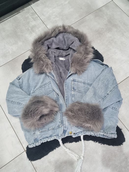 Zimowa kurtka jeansowa z kożuszkiem, futro, oversize