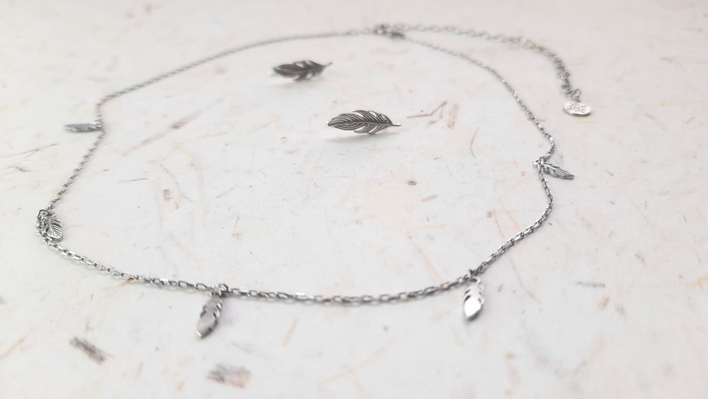 Komplet kolczyki łańcuszek - pióra, srebrne Ania Kruk, model Hippie