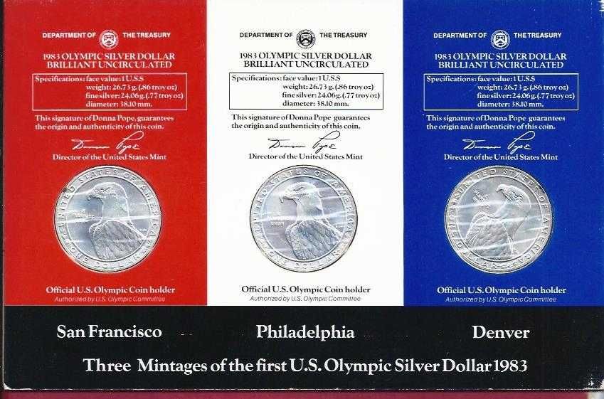 E. U. AMERICA J.Olimpicos  1983  On Dollar  3 Moedas em Cartão alusico  Prata