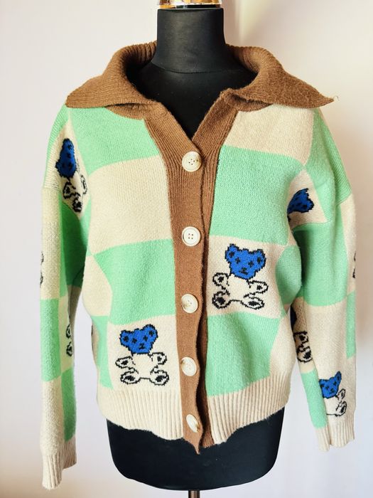 Dzianinowy sweterek w kratę z misiami, L 40, styl retro