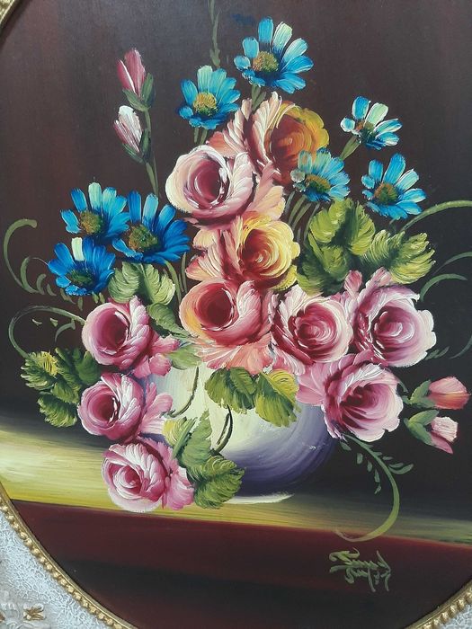 Quadro com pintura a óleo em moldura de madeira